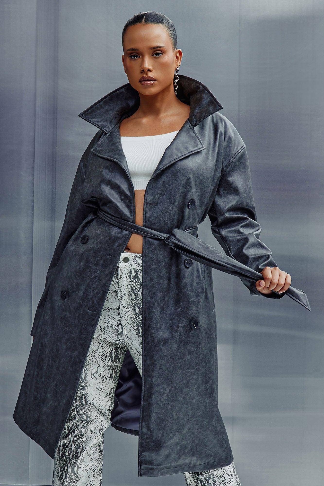 No Secrets Washed Faux Leather Trench - Charcoal Product Image