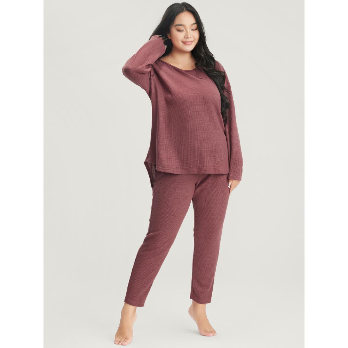 Plus Size Solid Asymmetrical Hem Waffle Knit Pajama Set Women Russet Plain Elastic Waist Long Sleeve Round Neck Casual Loungewear Sets BloomChic 14-16/1X Product Image