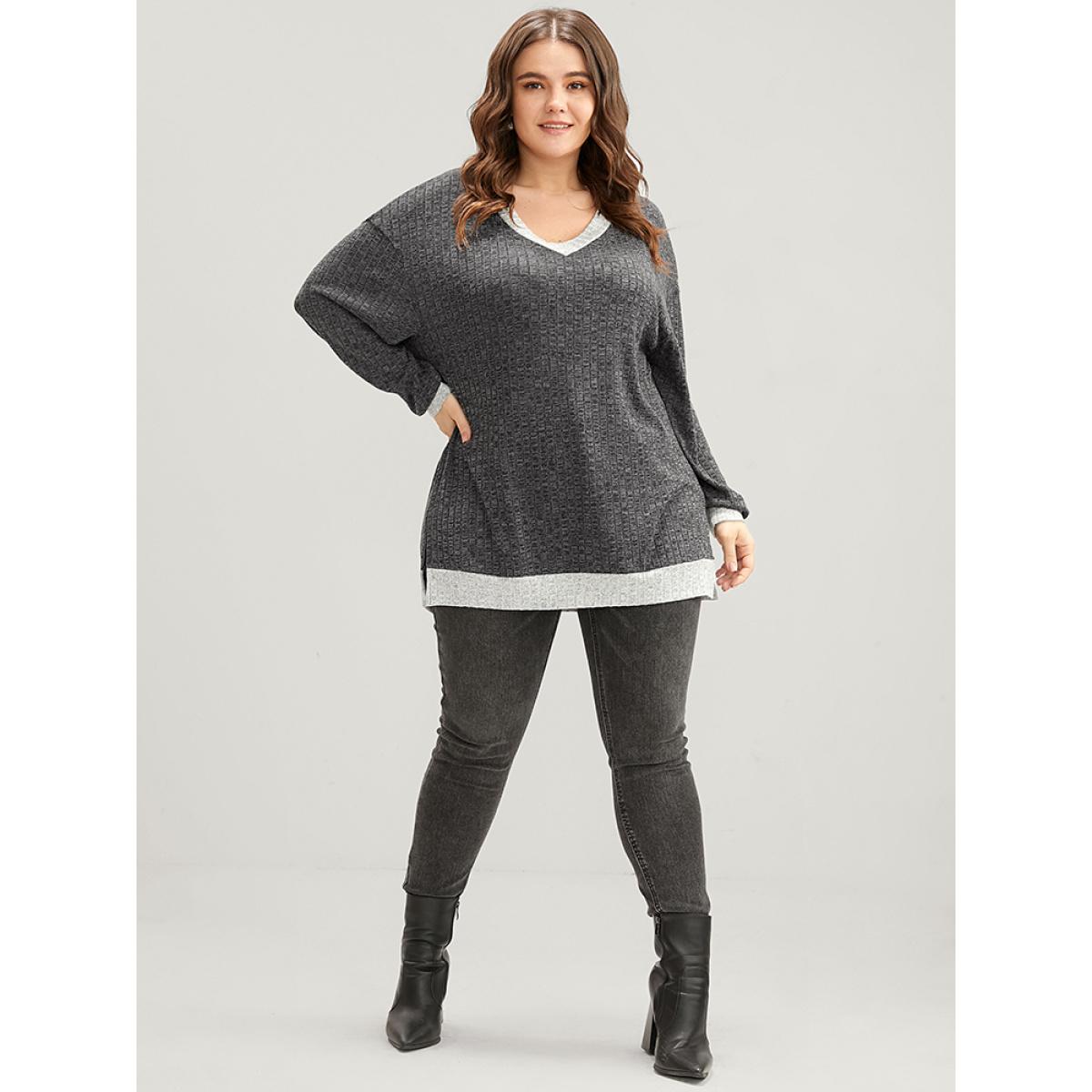 Plus Size Contrast Trim Split Hem Textured V Neck Sweatshirt Women DimGray Casual Patchwork V-neck Dailywear Sweatshirts BloomChic 14-16/1X Product Image