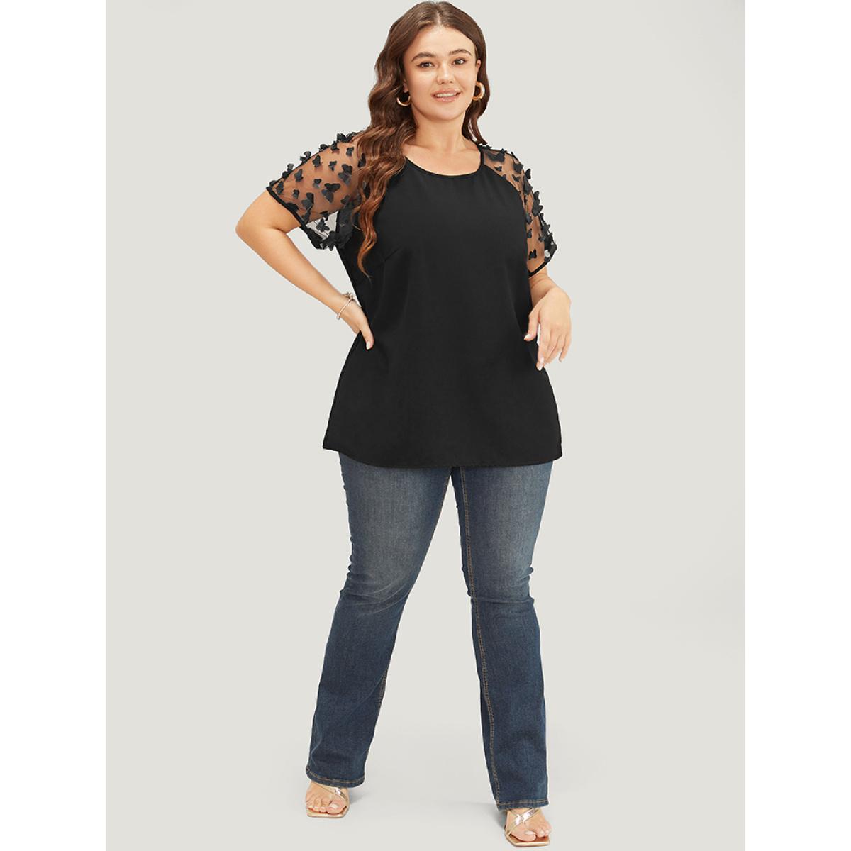 Plus Size Black Plain Butterfly Appliques Mesh Raglan Sleeve Blouse Women Party Short sleeve Round Neck Dailywear Blouses BloomChic 10/M Product Image