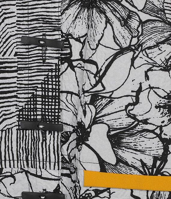 Ali Miles Petite Size Puckered Woven Floral Stripe Print Wire Collar 3/4 Sleeve Contrast Trim Button Front Tunic Product Image