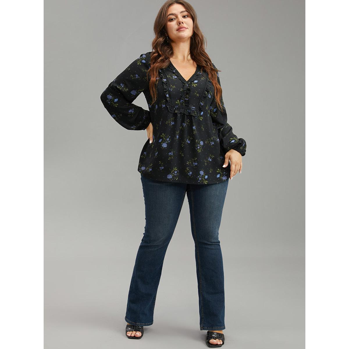 Plus Size Black Ditsy Floral Lantern Sleeve Frill Trim Blouse Women Elegant Long Sleeve V-neck Dailywear Blouses BloomChic 26/4X Product Image