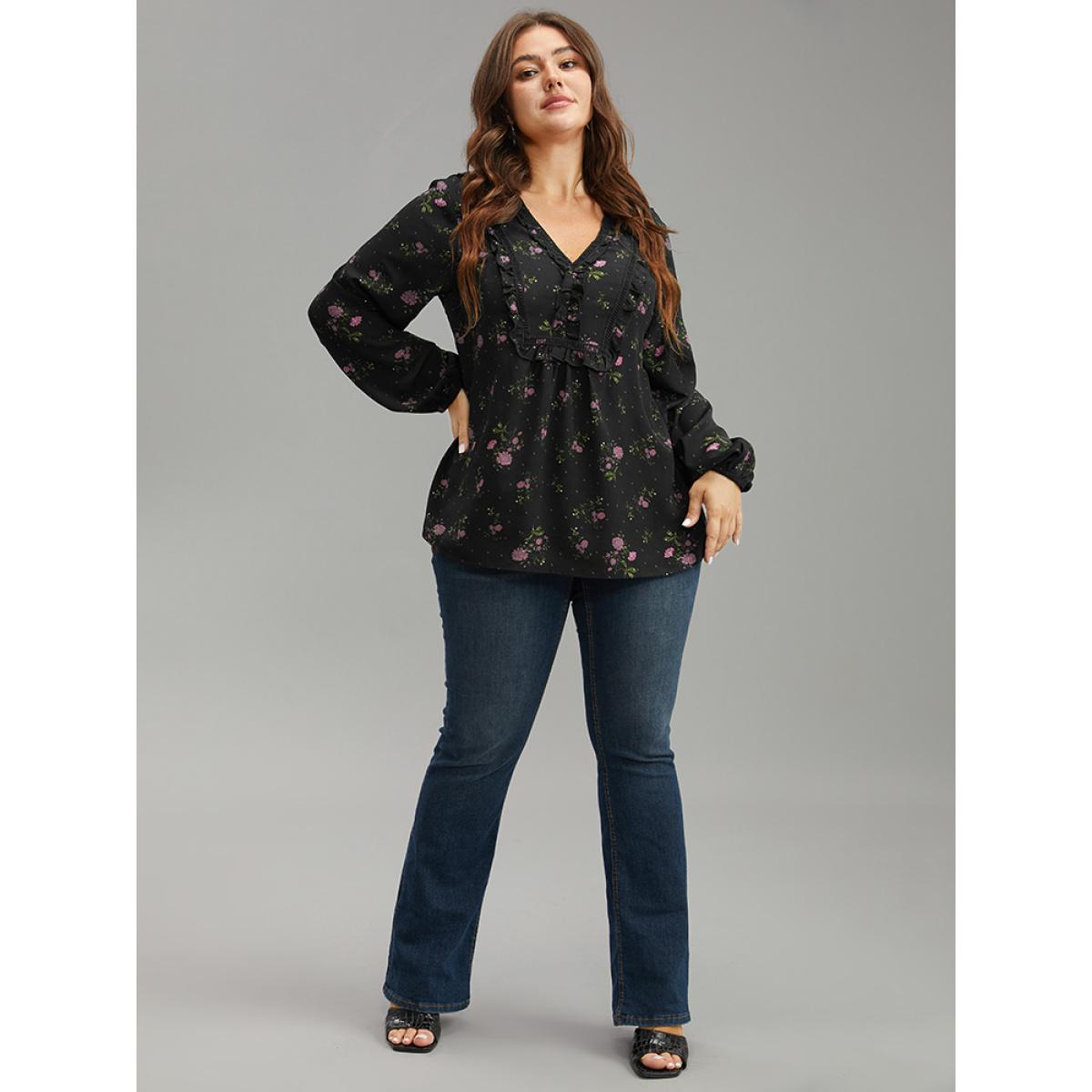 Plus Size RedViolet Ditsy Floral Lantern Sleeve Frill Trim Blouse Women Elegant Long Sleeve V-neck Dailywear Blouses BloomChic 10/M Product Image