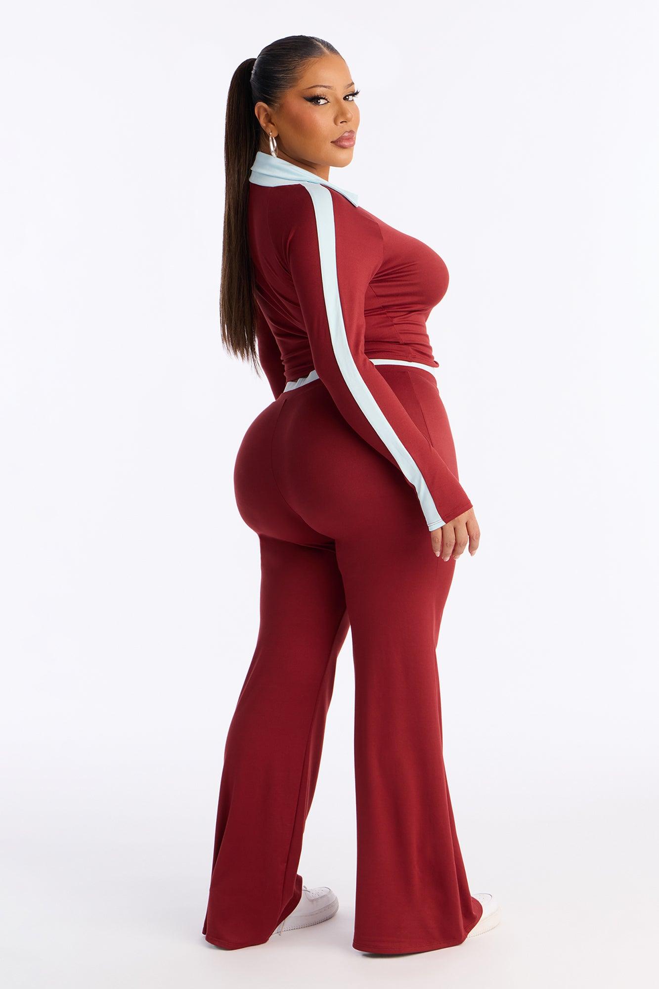 Zoe Contrast Trim Flare Leg Pant Set - Burgundy/combo Female Product Image