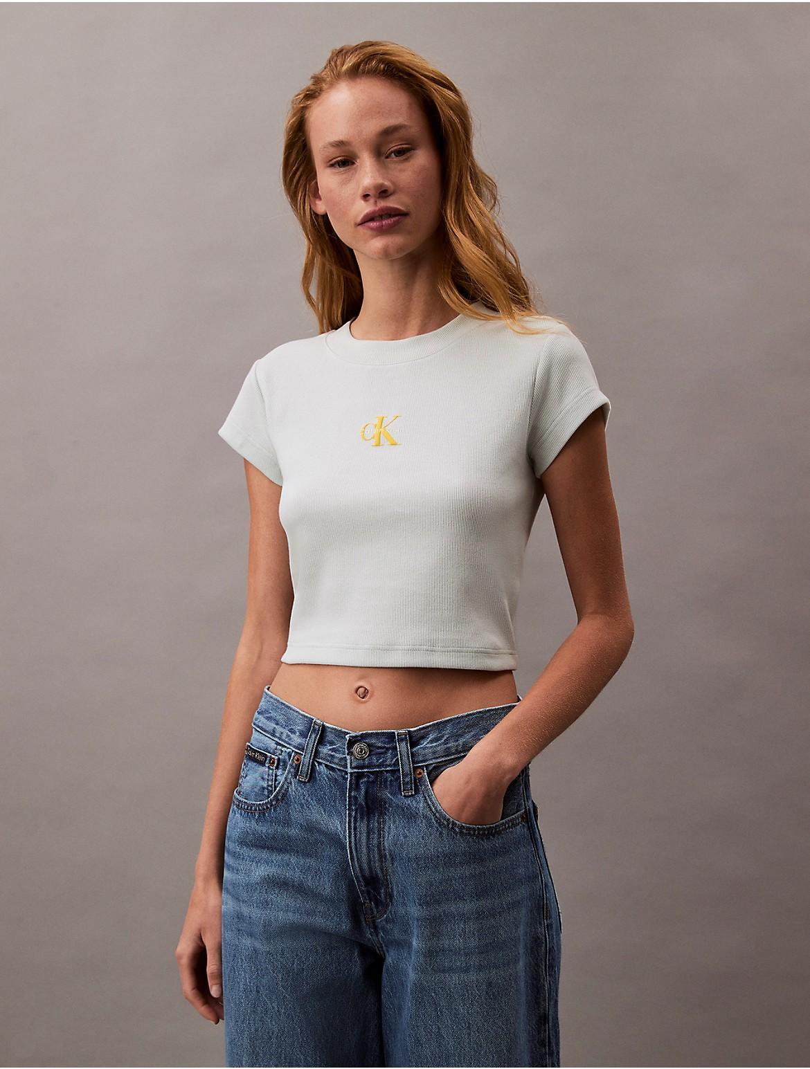 Calvin Klein Women's Monogram Logo Ribbed Baby Tee - White - XL Product Image