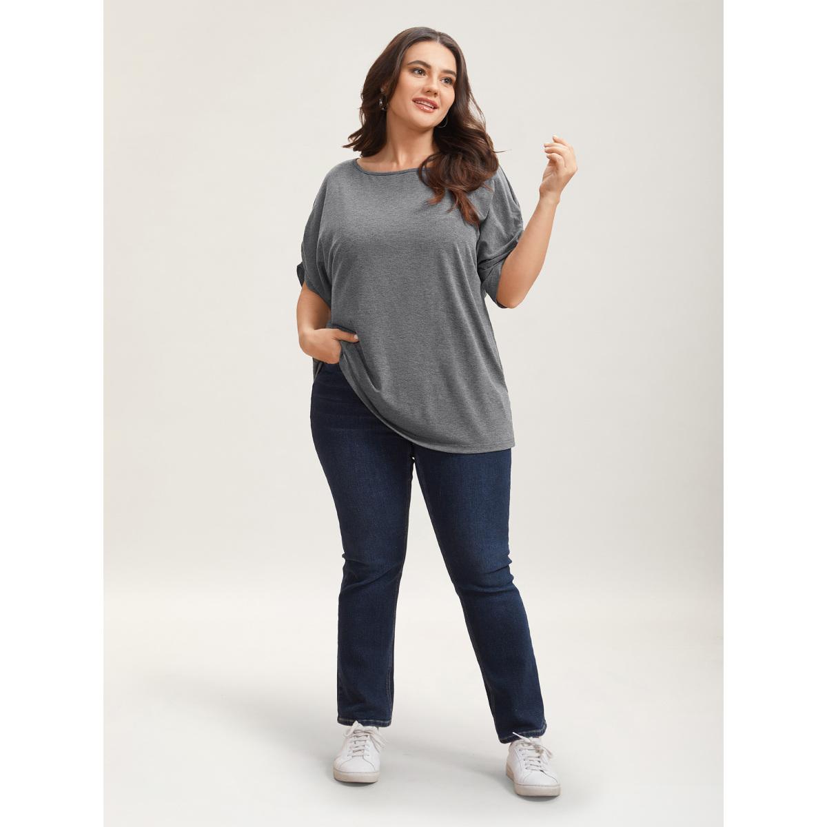 Plus Size Stretchy Solid Color Gathered Sleeve T-Shirt DimGray Women Leisure Gathered Round Neck Casual T-shirts BloomChic 18-20/2X Product Image