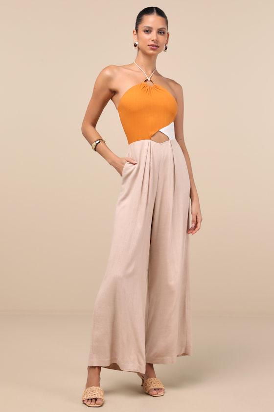 Suma Beige Multi Color Block Wide-Leg Jumpsuit Product Image