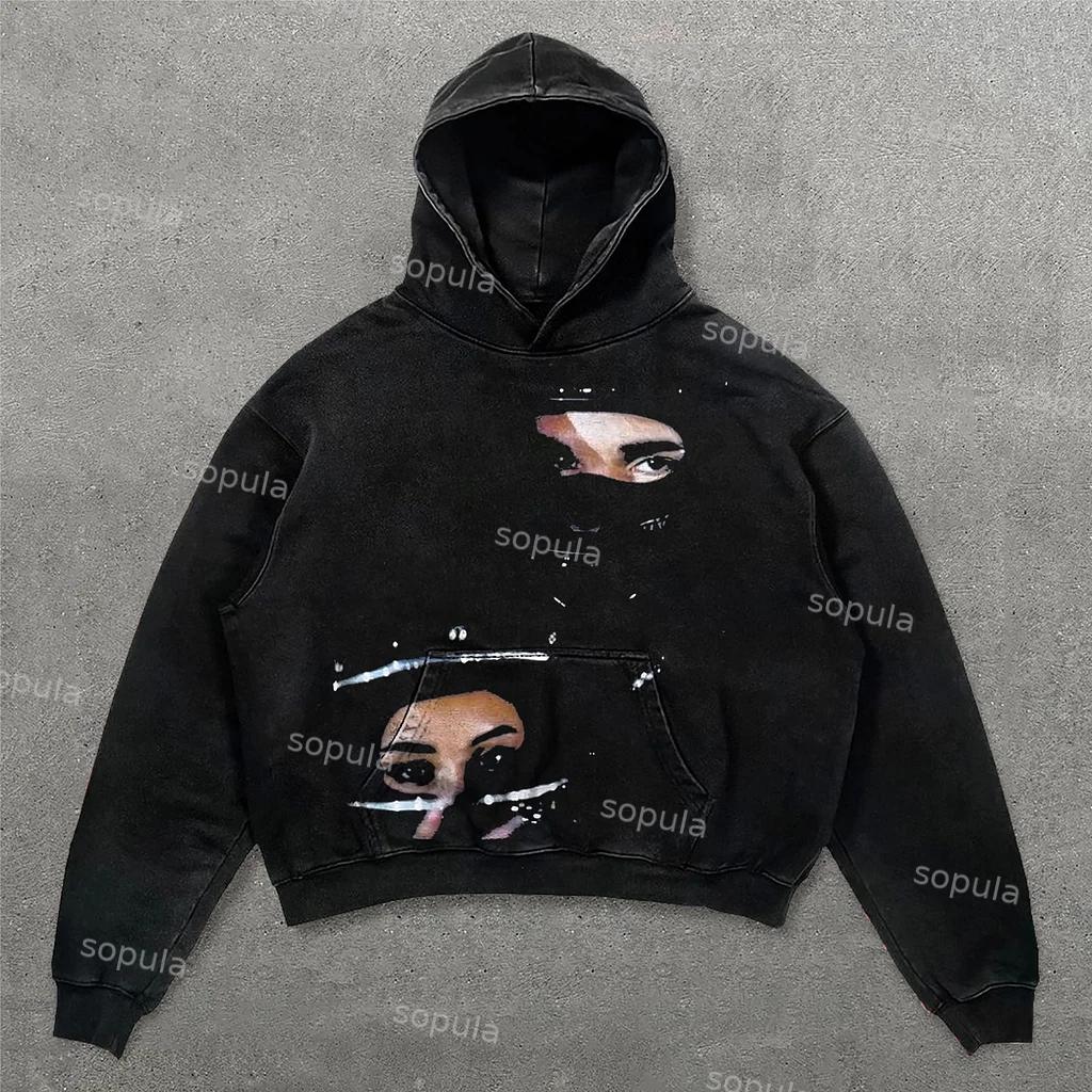 Sopula Vintage Big Face Graphic Print Washed Hoodie Product Image