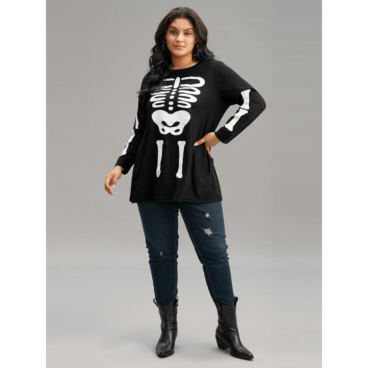 Plus Size Halloween Skull Print Crew Neck T-shirt Black Women Casual Printed Halloween Round Neck Festival-Halloween T-shirts BloomChic 10/M Product Image