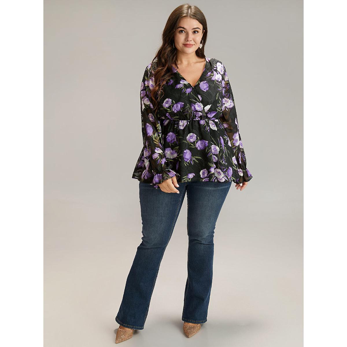 Plus Size Black Chiffon Floral Mesh Wrap Ruffle Hem Blouse Women Glamour Long Sleeve V-neck Going out Blouses BloomChic 14-16/1X Product Image