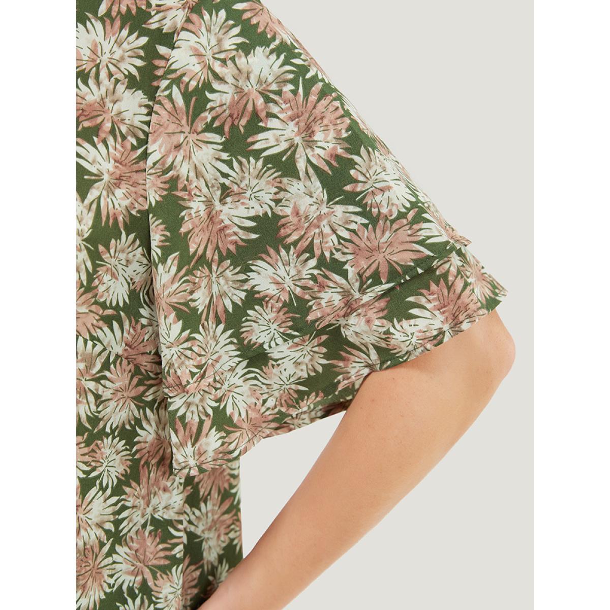 Plus Size Sage Plant Print Tiered Sleeve Lace Hem Blouse Women Vacation Short sleeve Round Neck Dailywear Blouses BloomChic 22-24/3X Product Image