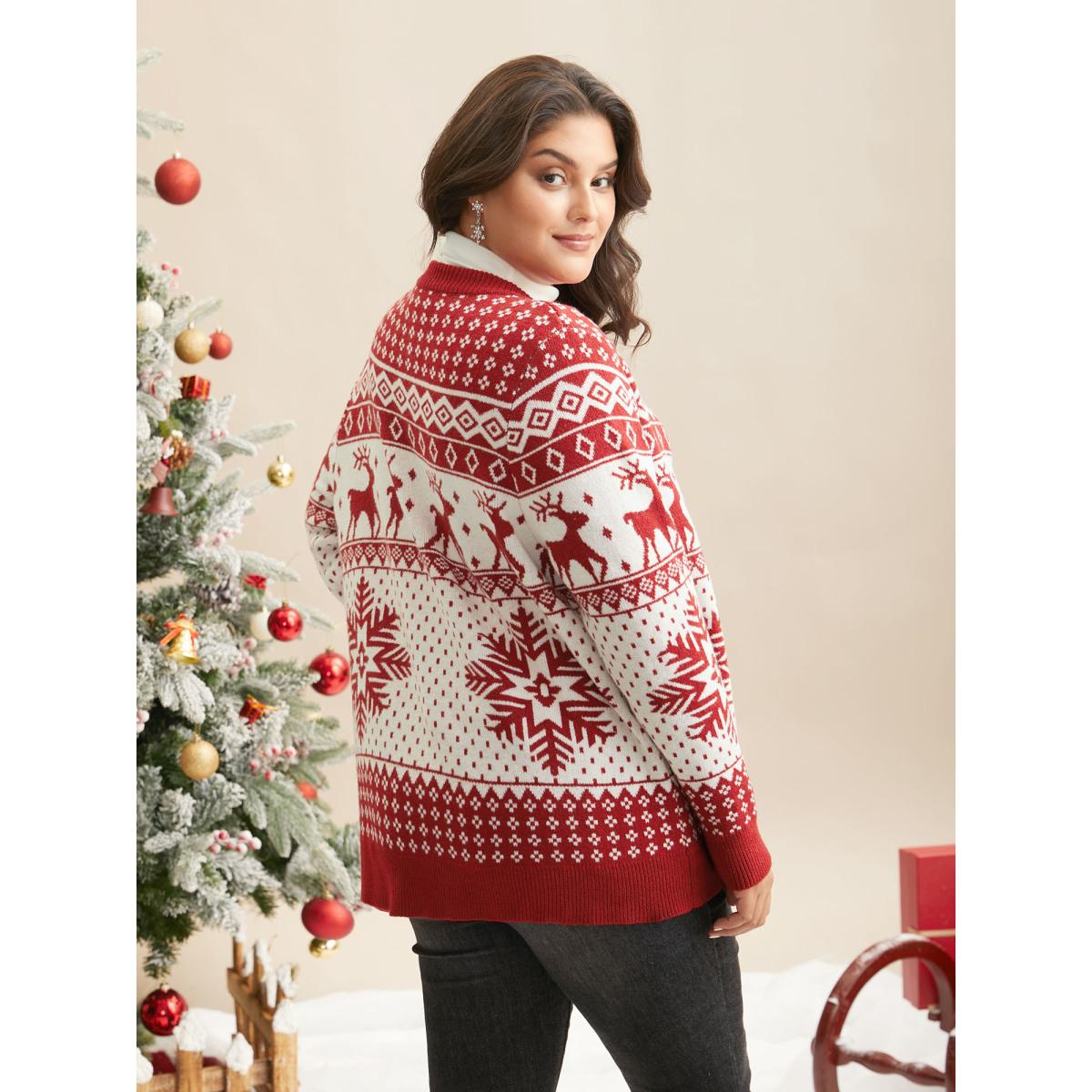 Plus Size Reindeer And Snow Pattern Button-Front Cardigan Scarlet Women Casual Loose Long Sleeve Everyday Cardigans BloomChic 26/4X Product Image