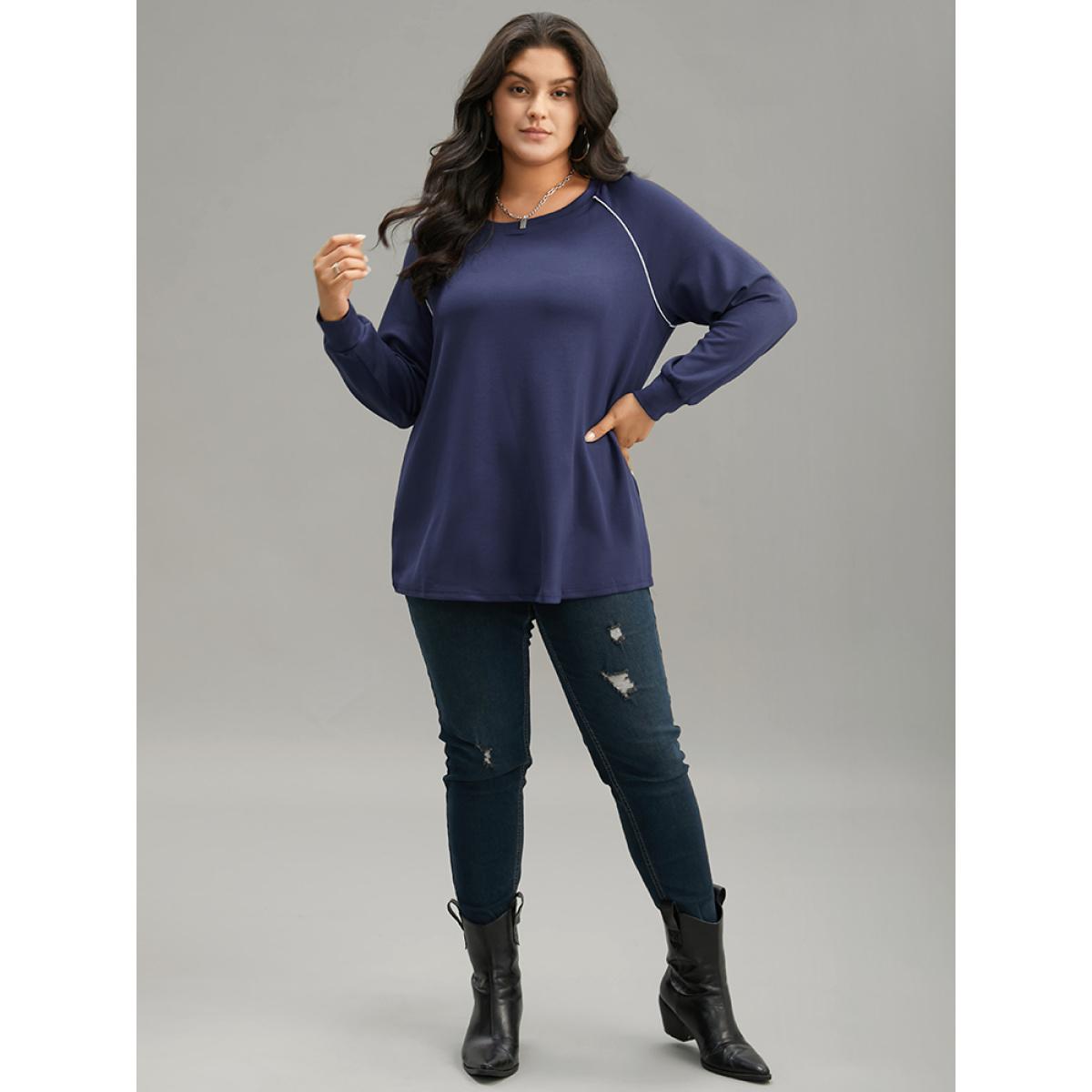 Plus Size Supersoft Essentials Contrast Trim Raglan Sleeve Sweatshirt Women DarkBlue Casual Elastic cuffs Round Neck Dailywear Sweatshirts BloomChic 18-20/2X Product Image
