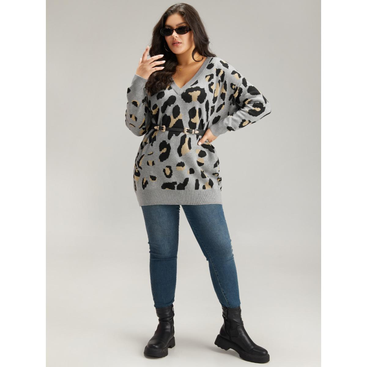Plus Size Anti-Pilling Leopard Elastic Cuffs Pullover Leopard Women Casual Loose Long Sleeve V-neck Dailywear Pullovers BloomChic 12/L Product Image