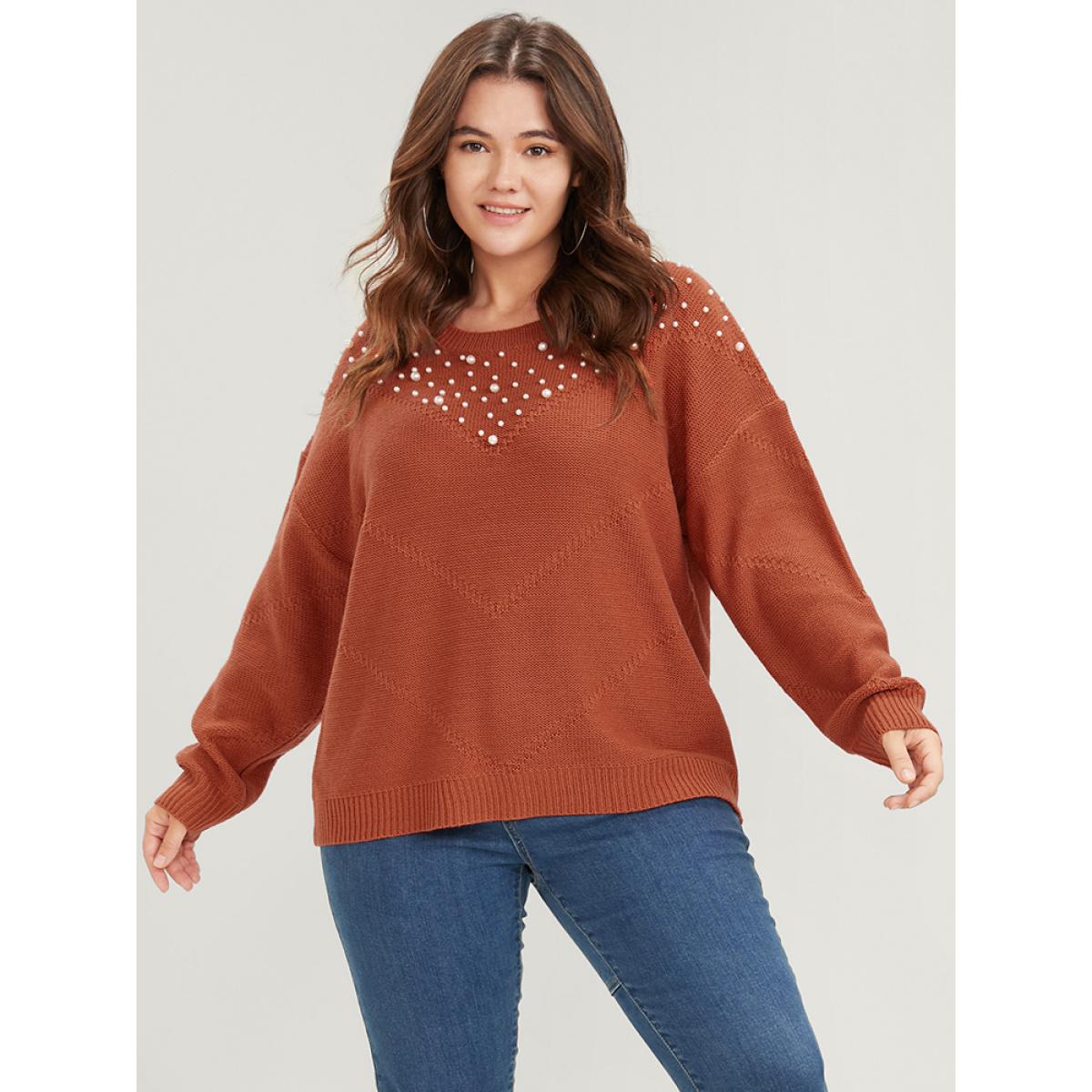 Plus Size Solid Pointelle Knit Pearls Beaded Knit Top Rust Women Casual Loose Long Sleeve Round Neck Dailywear Pullovers BloomChic 14-16/1X Product Image