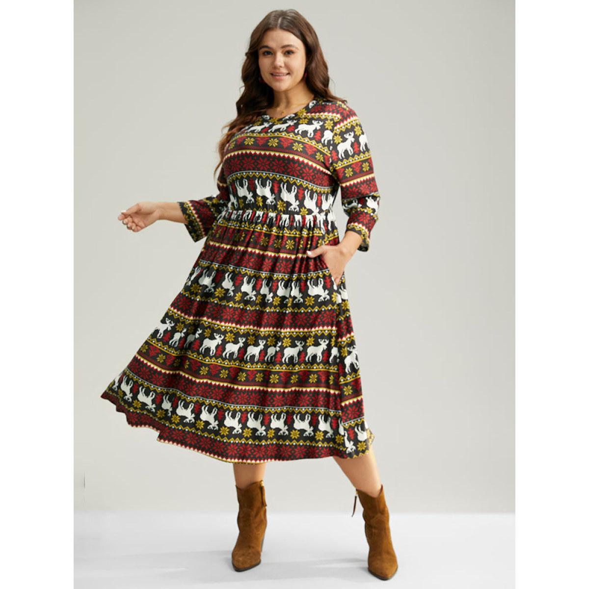 Plus Size Christmas Elk Contrast Elastic Waist Dress Multicolor Women Casual Printed Round Neck Long Sleeve Curvy Midi Dress BloomChic 18-20/2X Product Image