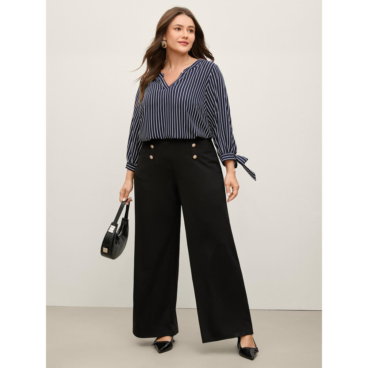 Plus Size DarkBlue Striped Notched Collar Sleeve Tie Blouse Women Three Quater Length Sleeve Flat collar with V-notch Work Blouses BloomChic 12/L Product Image