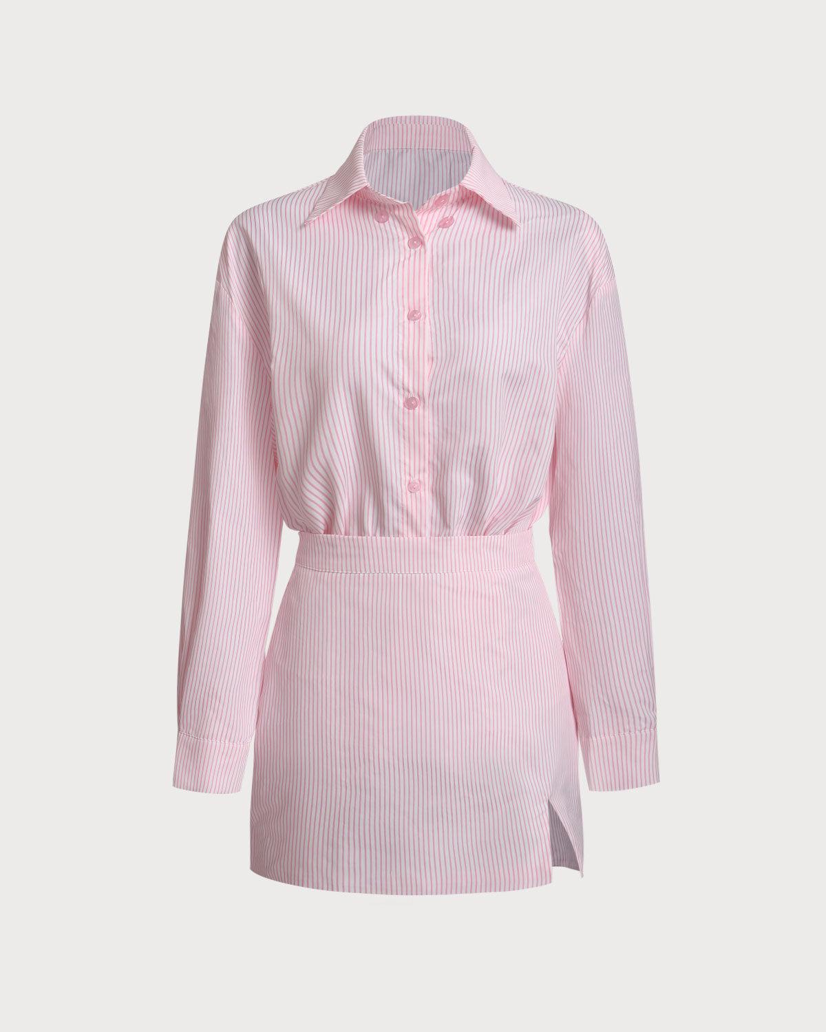 Pink Striped Shirt Skirt Sets Product Image