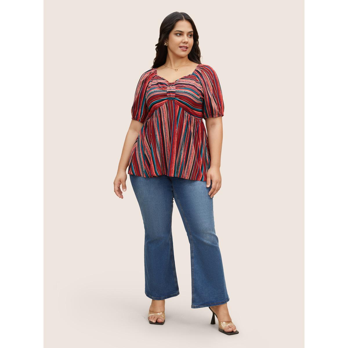 Plus Size Multicolor Striped Heart Neckline Lantern Sleeve Blouse Women Elegant Short sleeve Heart neckline Everyday Blouses BloomChic 12/L Product Image