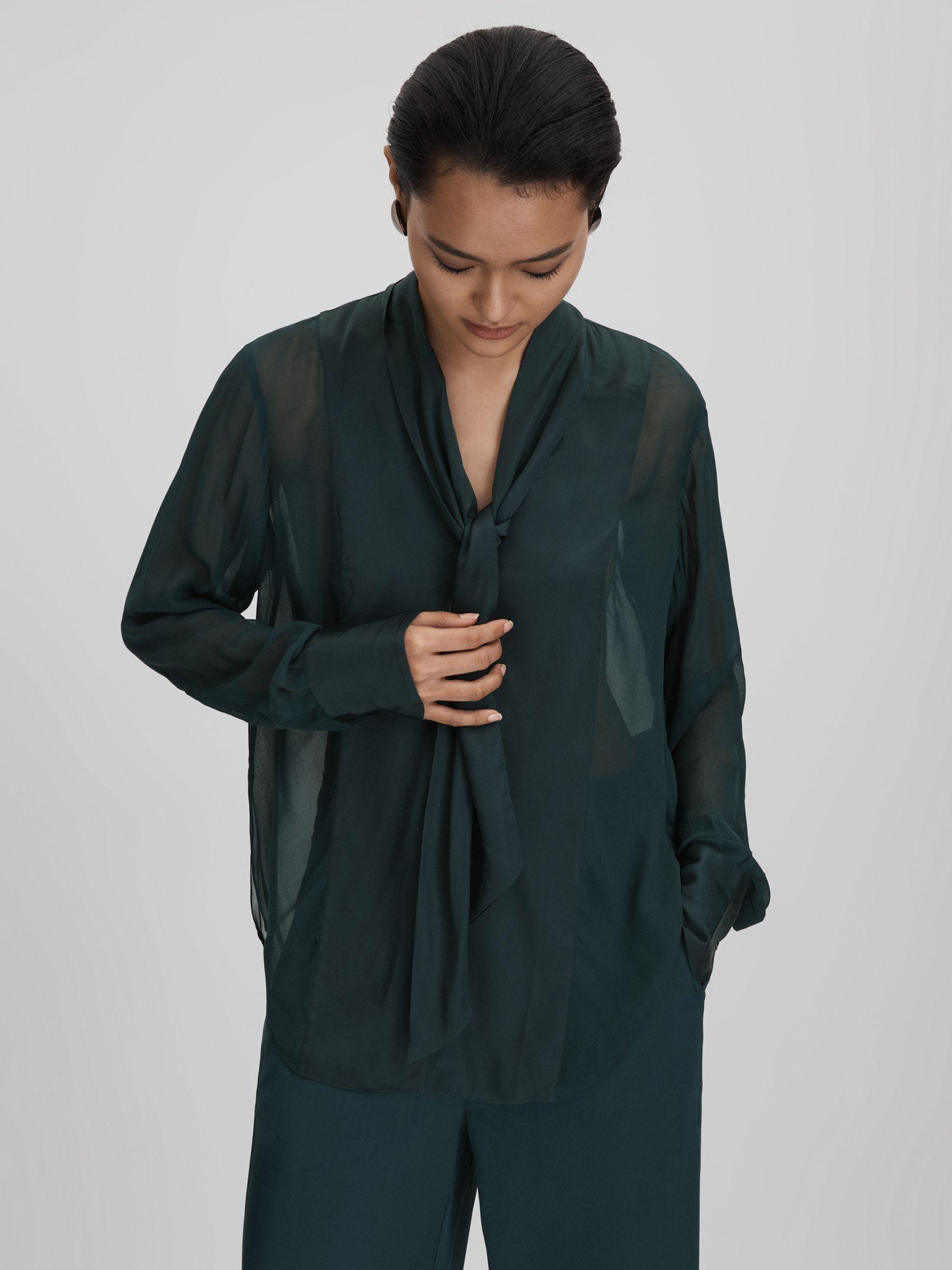 Semi Sheer Satin Tie Neck Blouse in Green Product Image