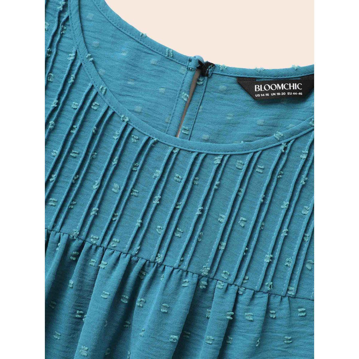 Plus Size Cerulean Texture Round Neck Pleated Lantern Sleeve Blouse Women Elegant Elbow-length sleeve Round Neck Everyday Blouses BloomChic 26/4X Product Image