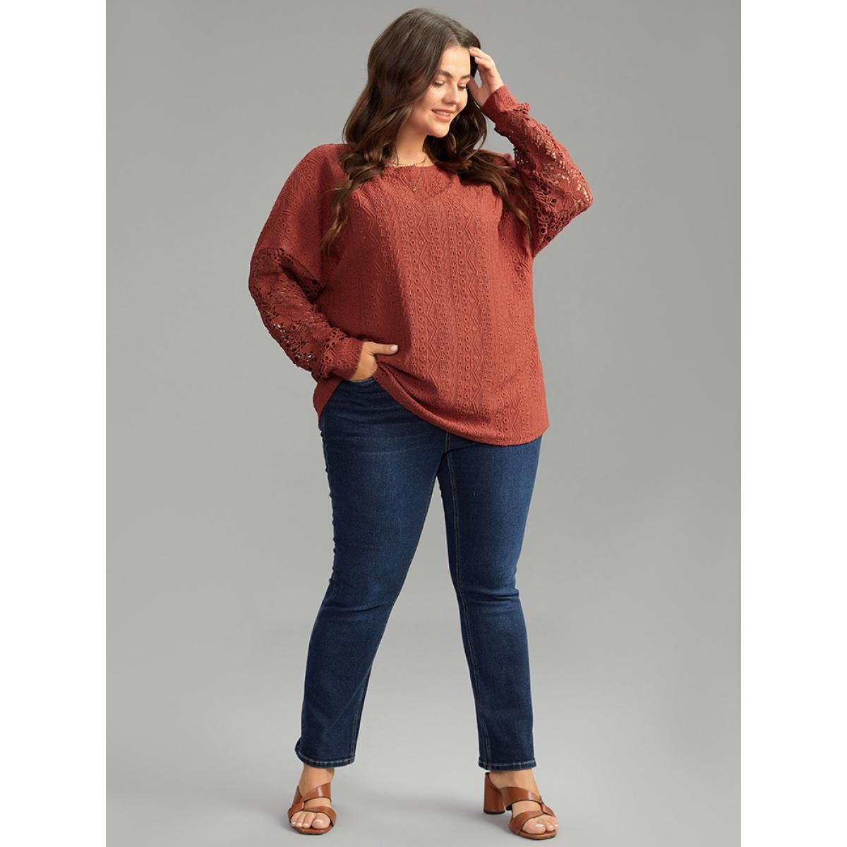 Plus Size Solid Plisse Guipure Lace T-shirt Rust Women Elegant Elastic cuffs Plain Round Neck Dailywear T-shirts BloomChic 18-20/2X Product Image