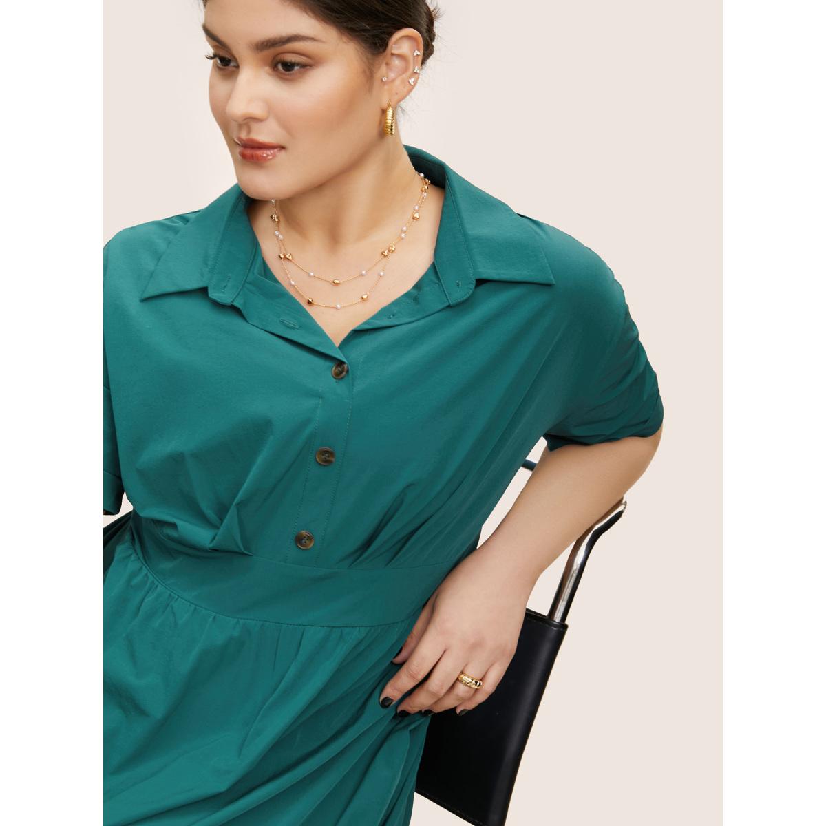 Plus Size Shirt Collar Pleated Button Detail Gathered Midi Dress Cyan Women Work From Home Gathered Shirt collar Short sleeve Curvy BloomChic 10/M Product Image
