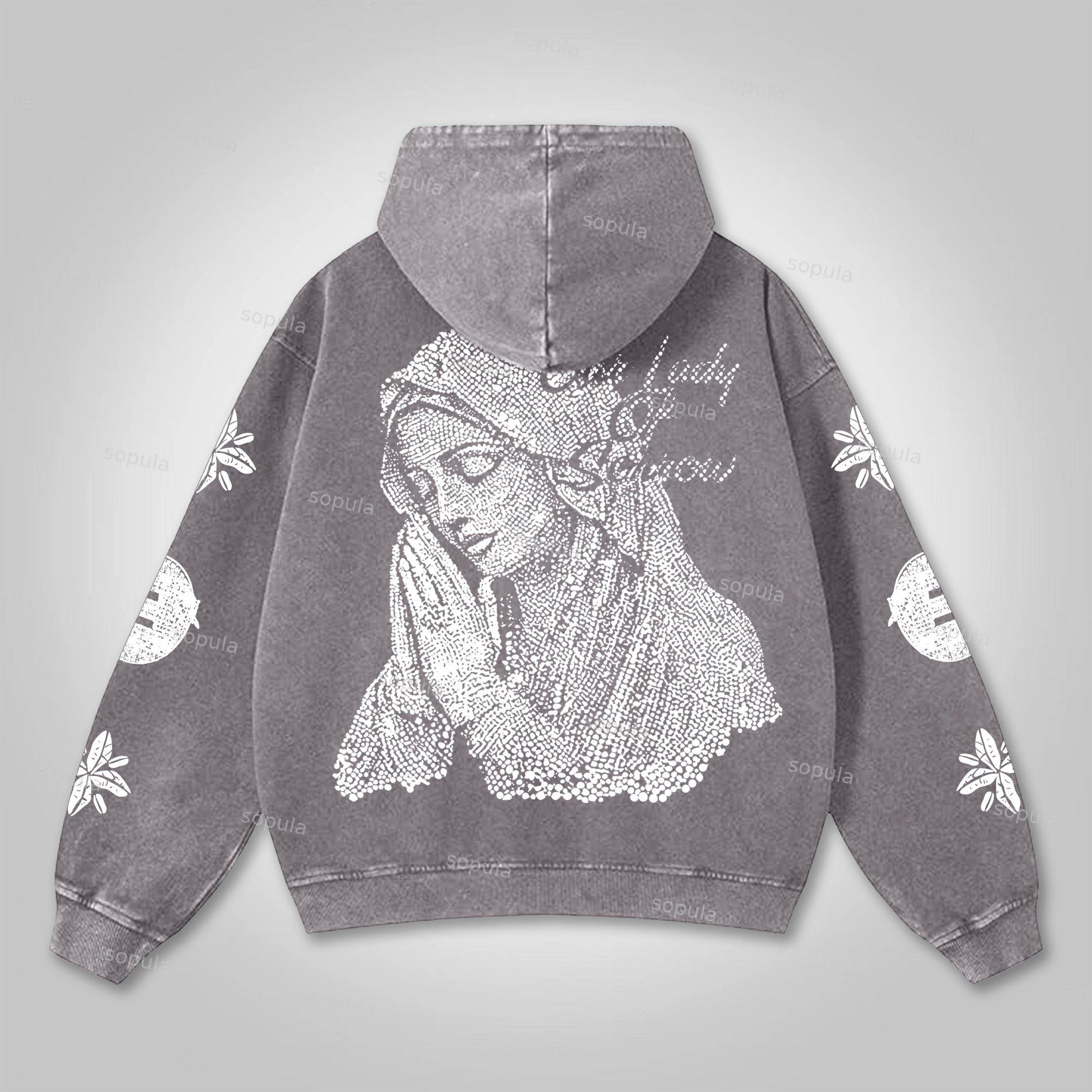 Vintage Prayer Madonna Graphic Acid Washed Oversized Hoodie Product Image