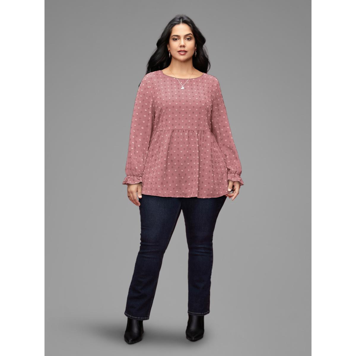 Plus Size Rouge Textured Dot Elastic Cuffs A-line Blouse Women Leisure Long Sleeve Round Neck Casual Blouses BloomChic 10/M Product Image