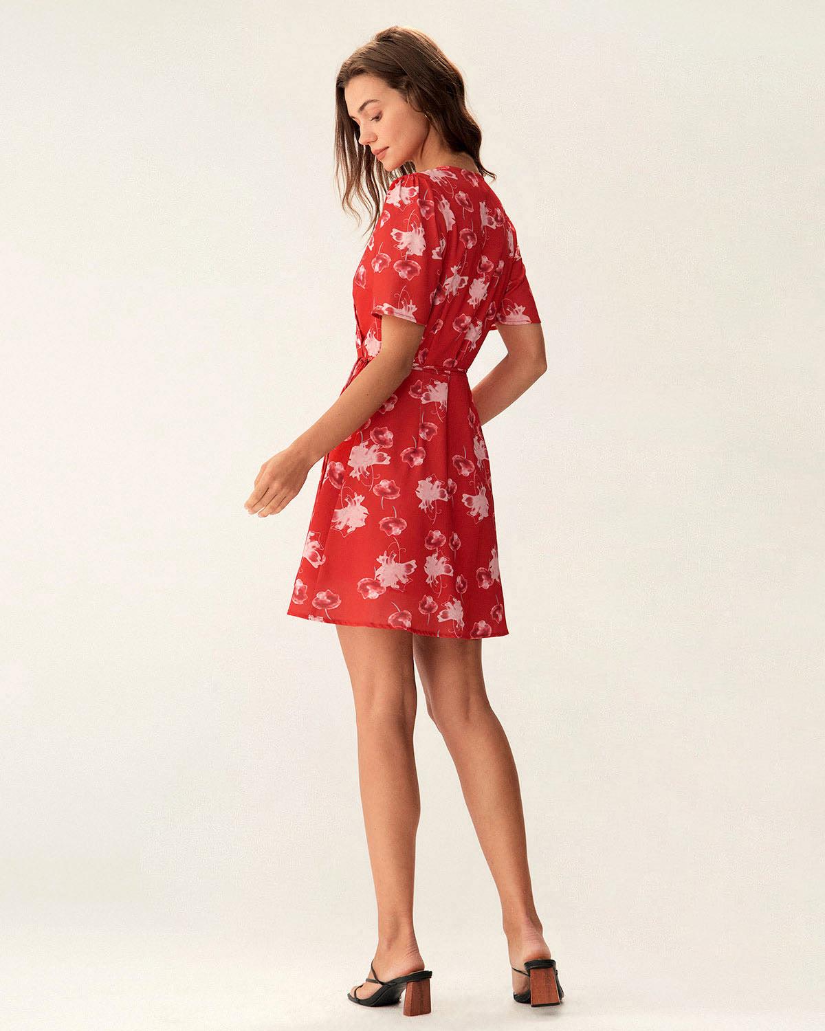 Red Floral A-Line Wrap Mini Dress Product Image