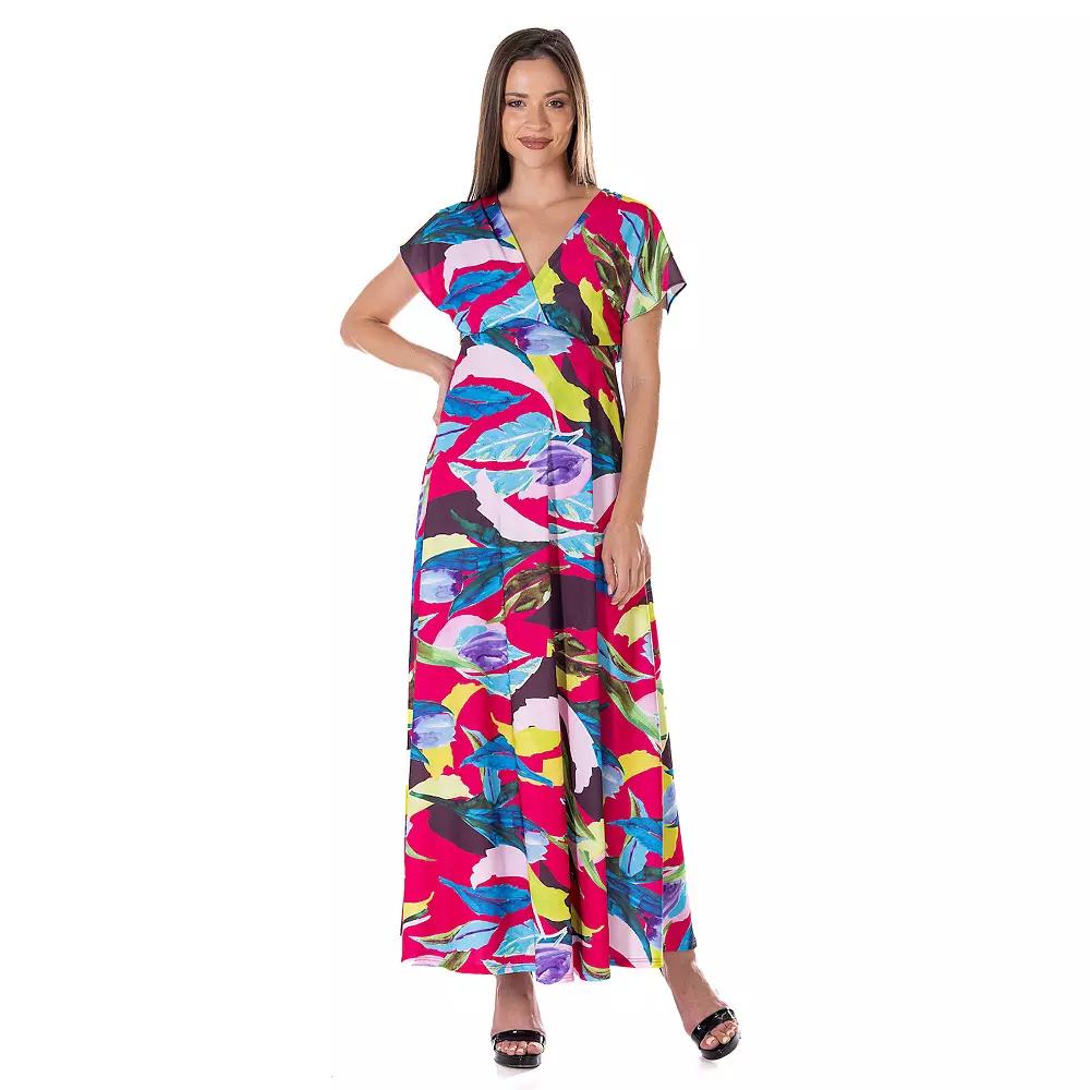 Women's 24Seven Comfort Apparel V Neck Empire Waist Kimono Cap Sleeve Maxi Dress,  Product Image