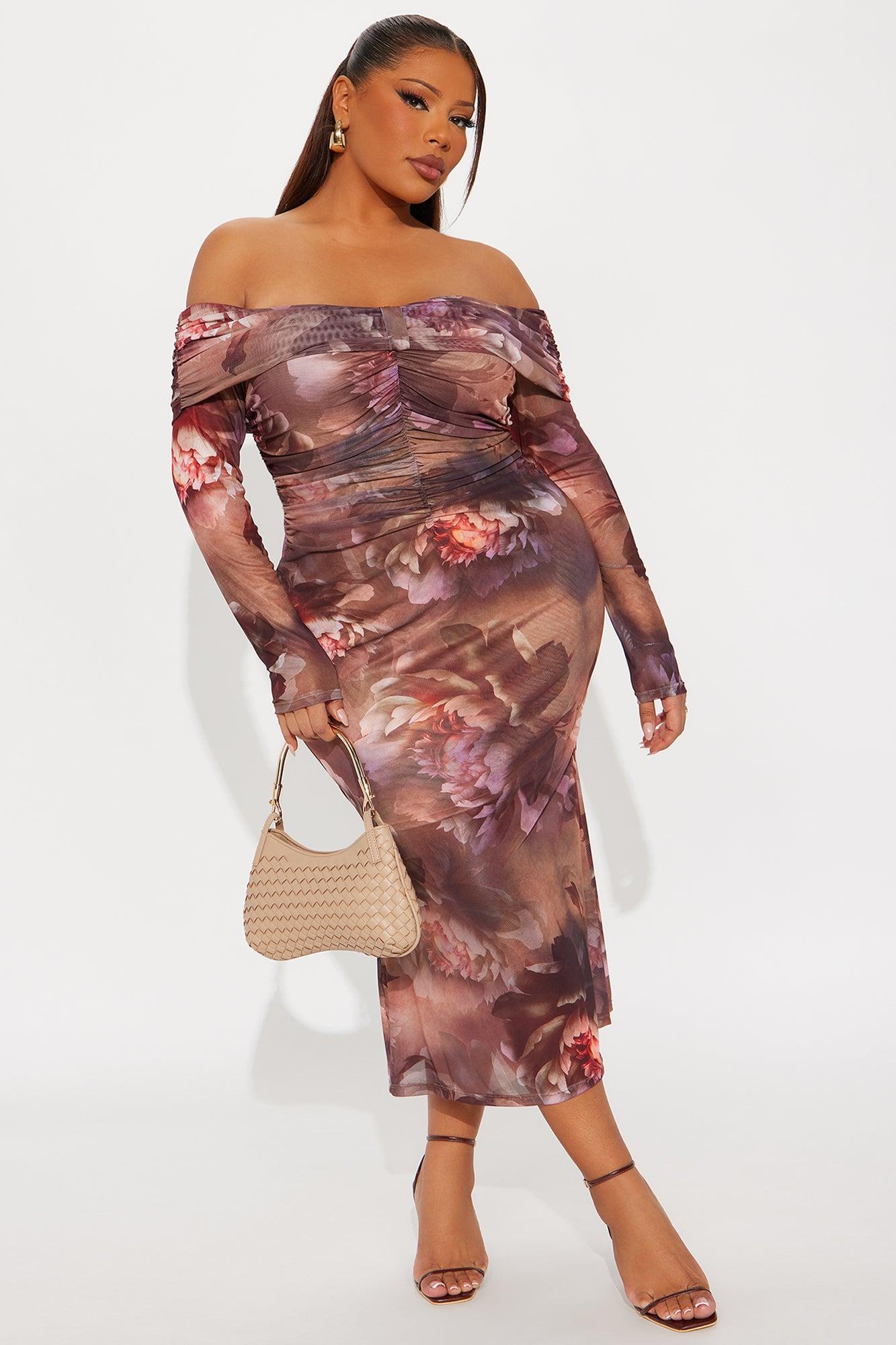 Madeline Floral Mesh Midi Dress - Brown/combo Female Product Image