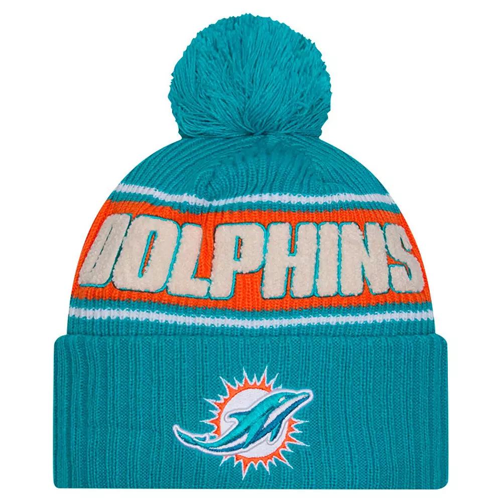 Men's New Era Aqua Miami Dolphins 2024 Sideline Cuffed Knit Hat with Pom, Turquoise A Product Image