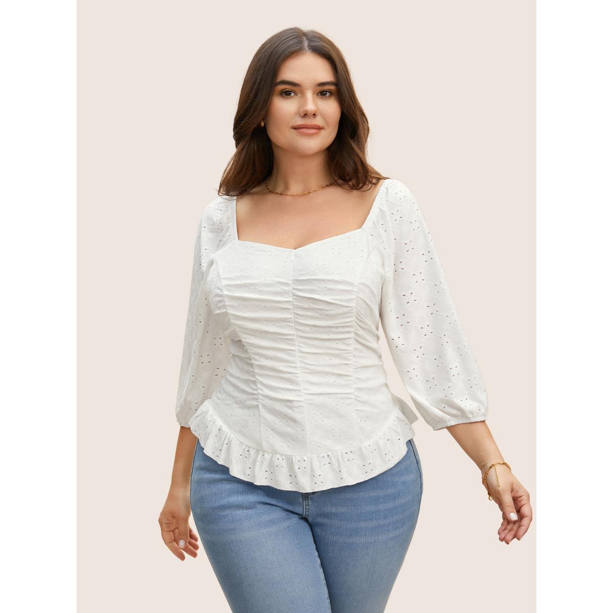 Plus Size Ivory Broderie Anglaise Ruched Lantern Sleeve Blouse Women Elegant Elbow-length sleeve Heart neckline Everyday Blouses BloomChic 22-24/3X Product Image