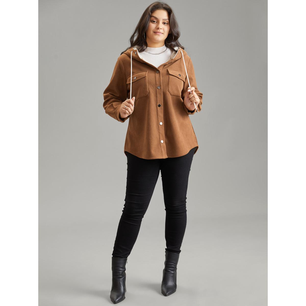 Plus Size Corduroy Fluffy Patchwork Hooded Jacket Women Bronze Contrast Pocket Dailywear Jackets BloomChic 28/5X Product Image
