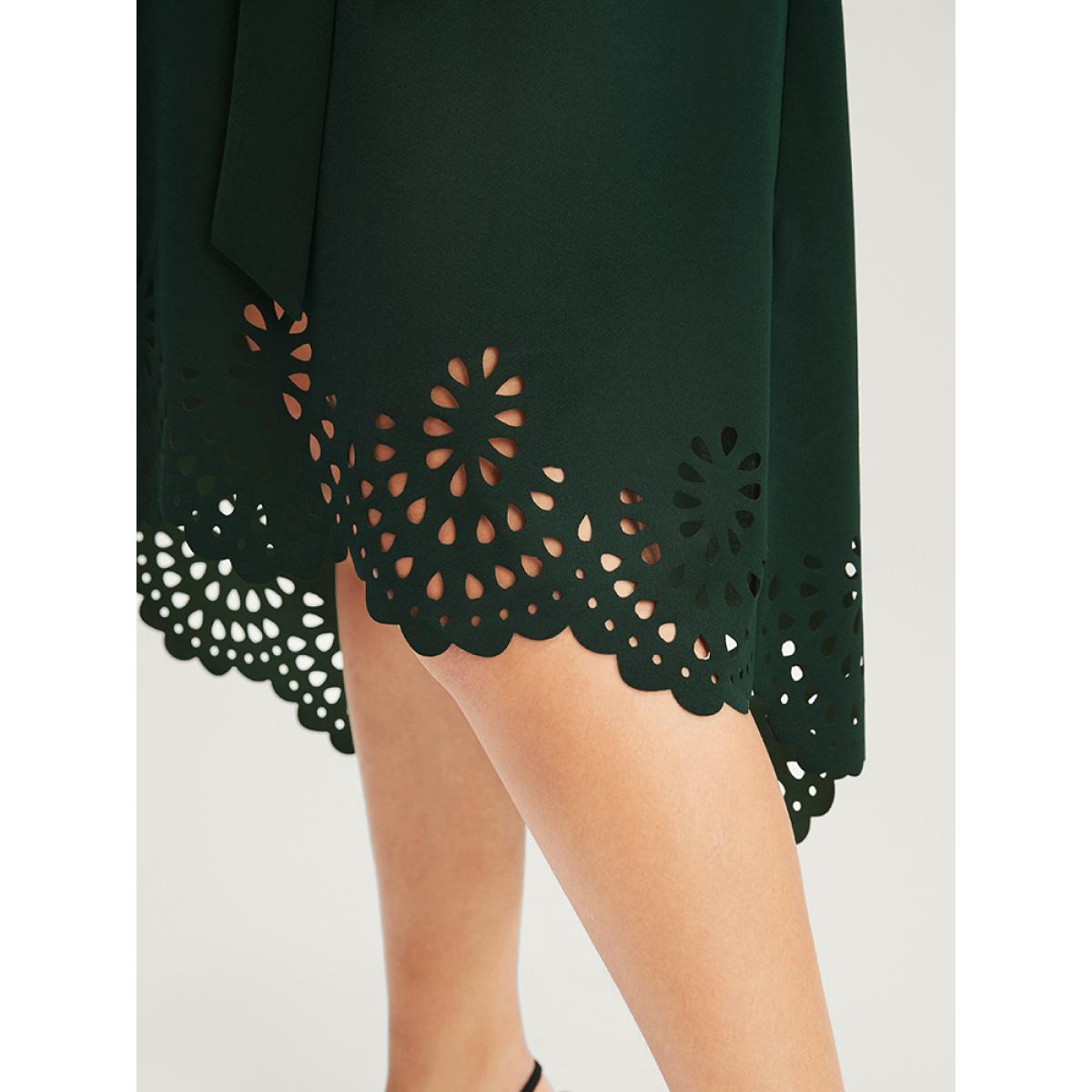 Plus Size Solid Pocket Laser Cut Asymmetrical Hem Belted Dress DarkGreen Women Casual Belted Round Neck Long Sleeve Curvy Midi Dress BloomChic 18-20/2X Product Image