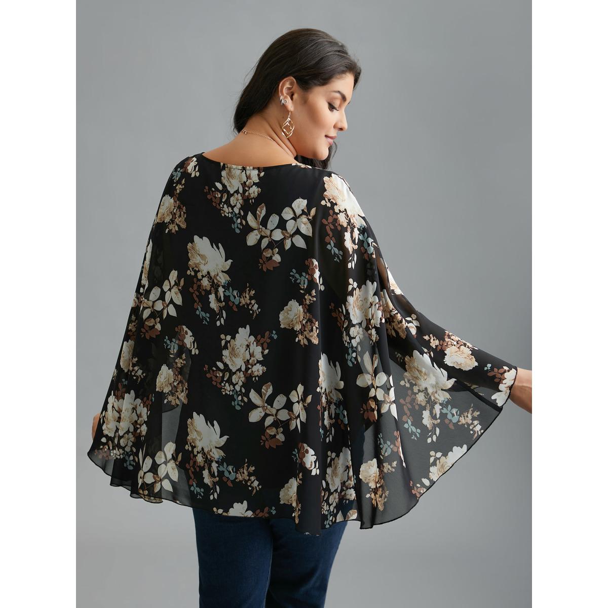 Plus Size Black Floral Chiffon High Low Hem Ruffles Blouse Women Romantic Three Quarter Length Sleeve Round Neck Elegant Blouses BloomChic 12/L Product Image