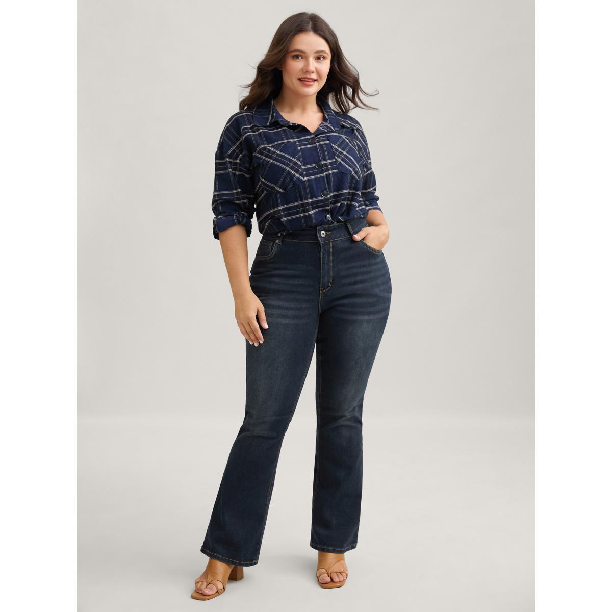 Plus Size Bootcut Very Stretchy Mid Rise Medium Wash Sculpt Waist Jeans Women Darkindigo Timeless Plain Non High stretch Slanted pocket Jeans BloomChic 26/4X Product Image