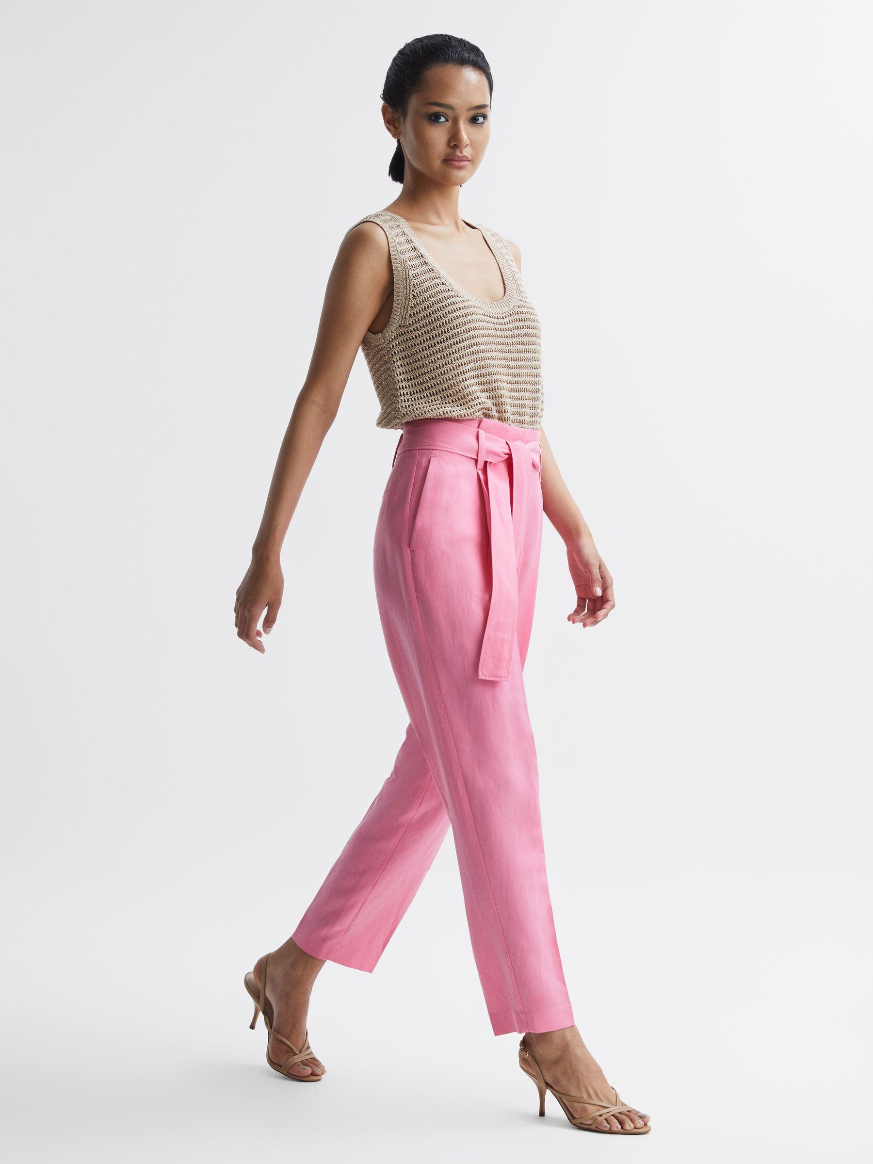 High Rise Belted Tapered Trousers in Pink Product Image