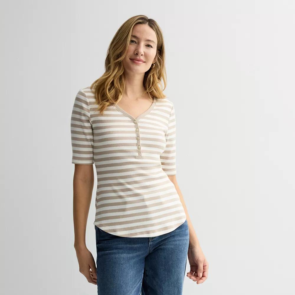 Petite Sonoma Goods For Life® Slim Fit Elbow Sleeve Henley Top, Women's, Size: XL Petite, Ivory Stripe Product Image