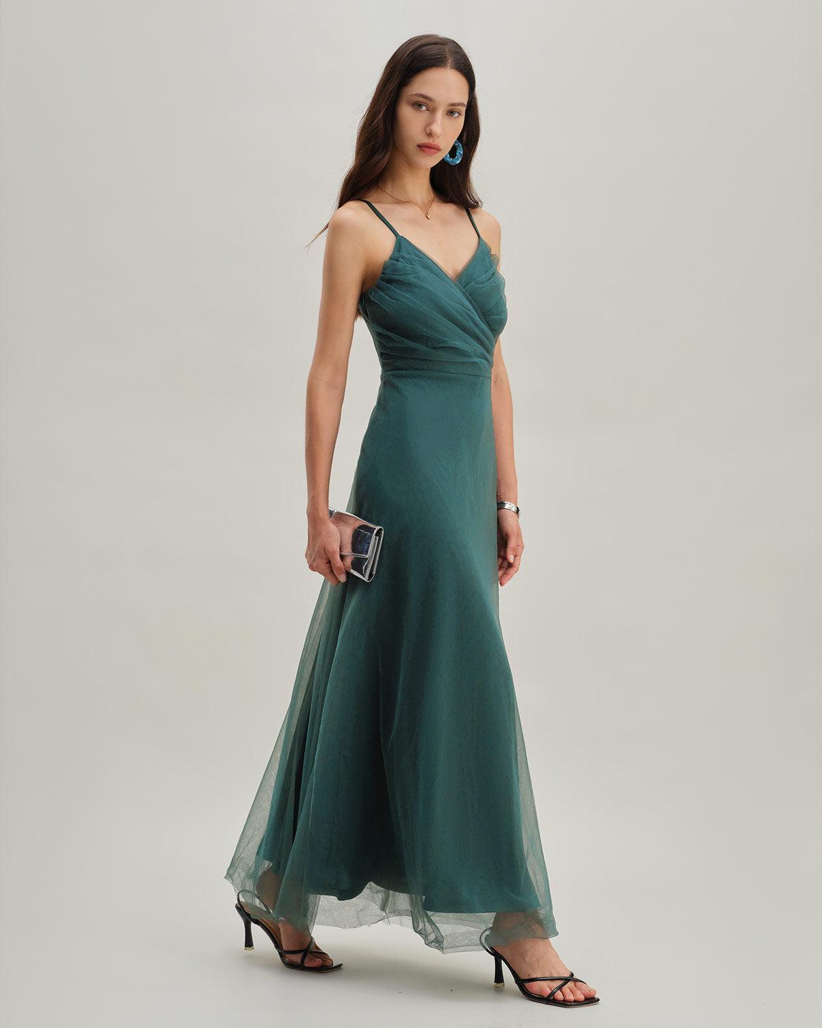 Green Mesh Wrap Slip Maxi Dress Product Image