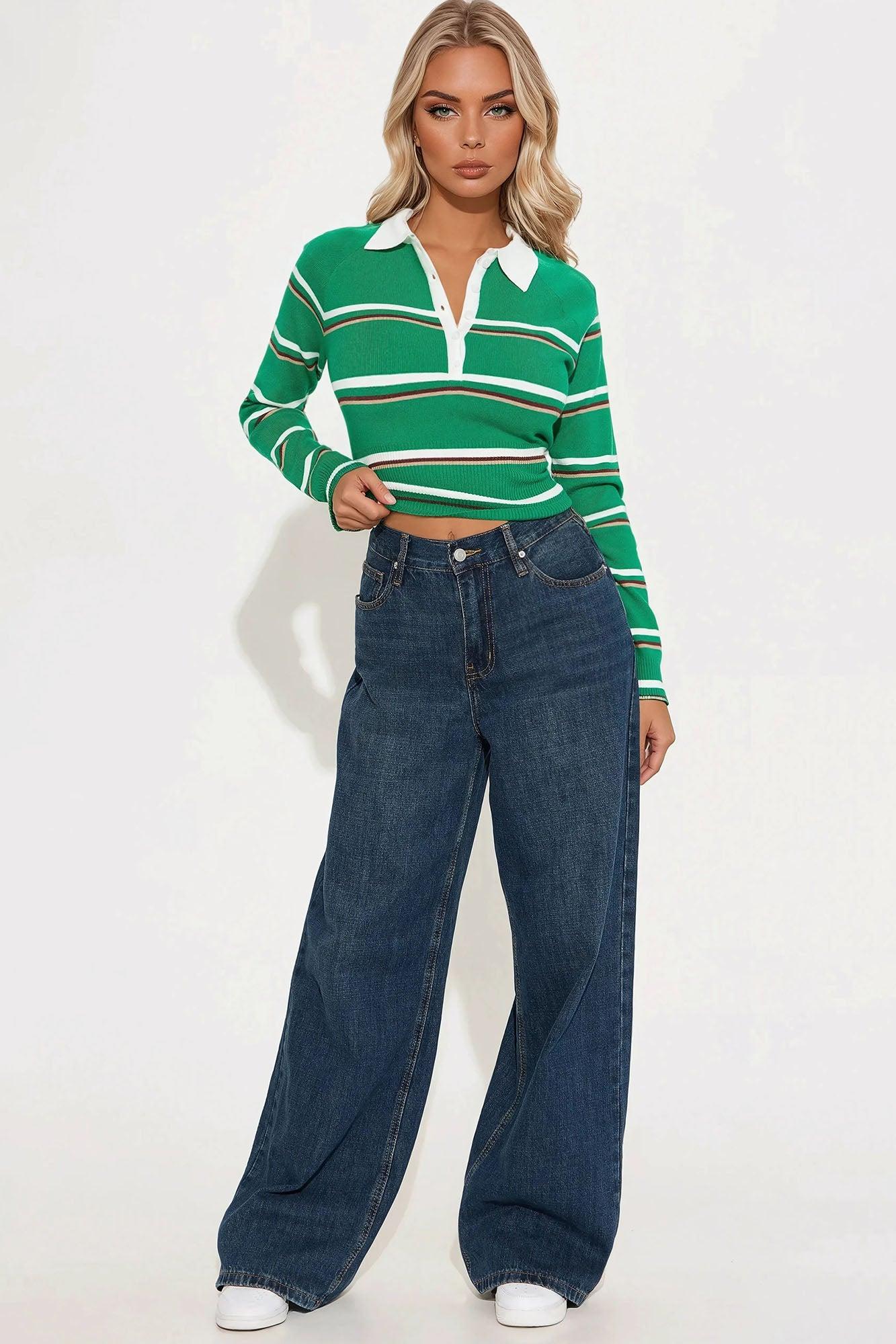 Brinnley Striped Polo Sweater - Green/combo Female Product Image