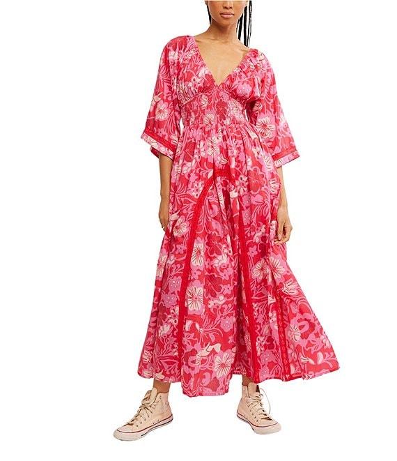 Free People Printed Dixie V Neck 3/4 Sleeve Maxi Dress Product Image