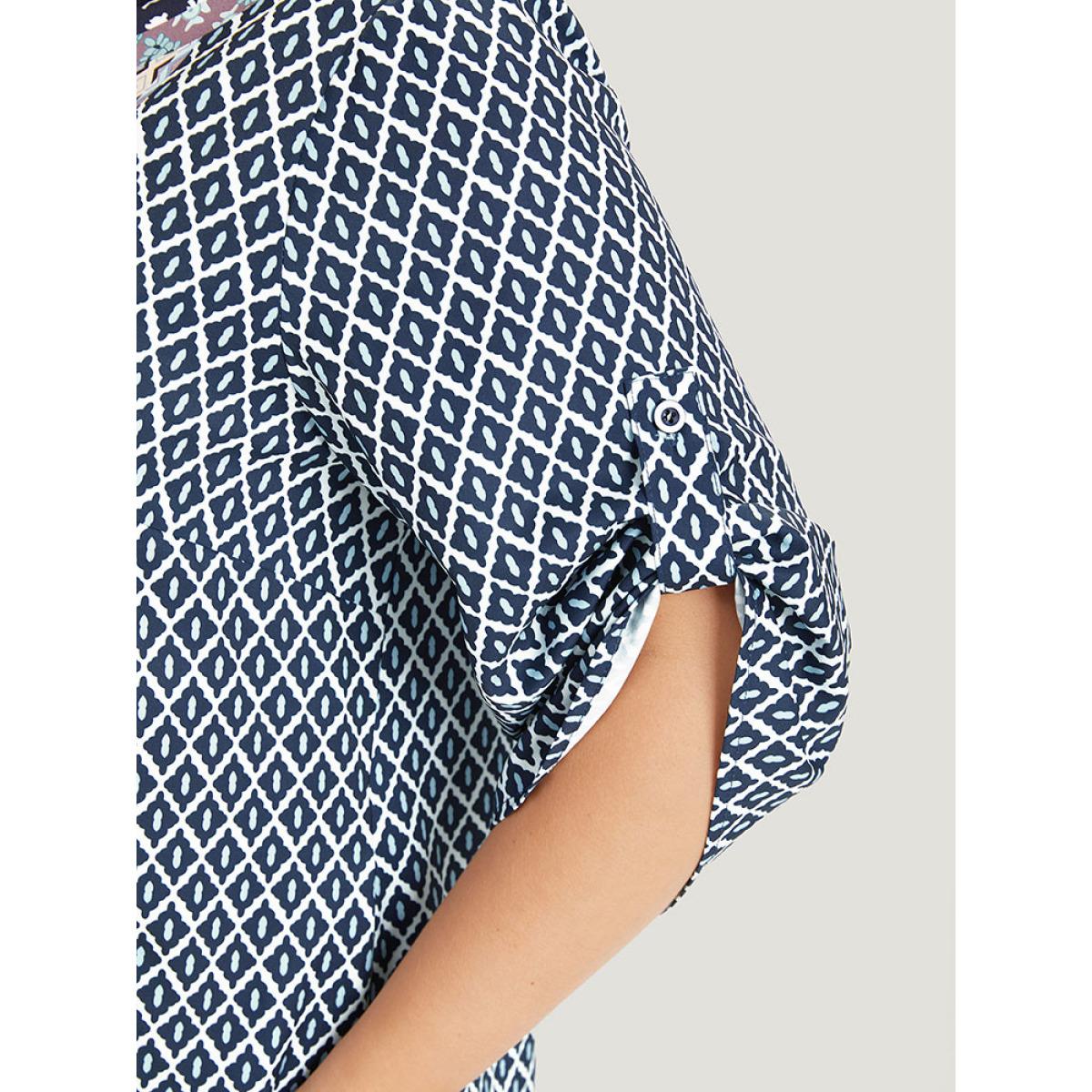 Plus Size Bandana Print Pocket Button Knot Neck Dress DarkBlue Women Vacation Button V-neck Elbow-length sleeve Curvy Knee Dress BloomChic 28/5X Product Image