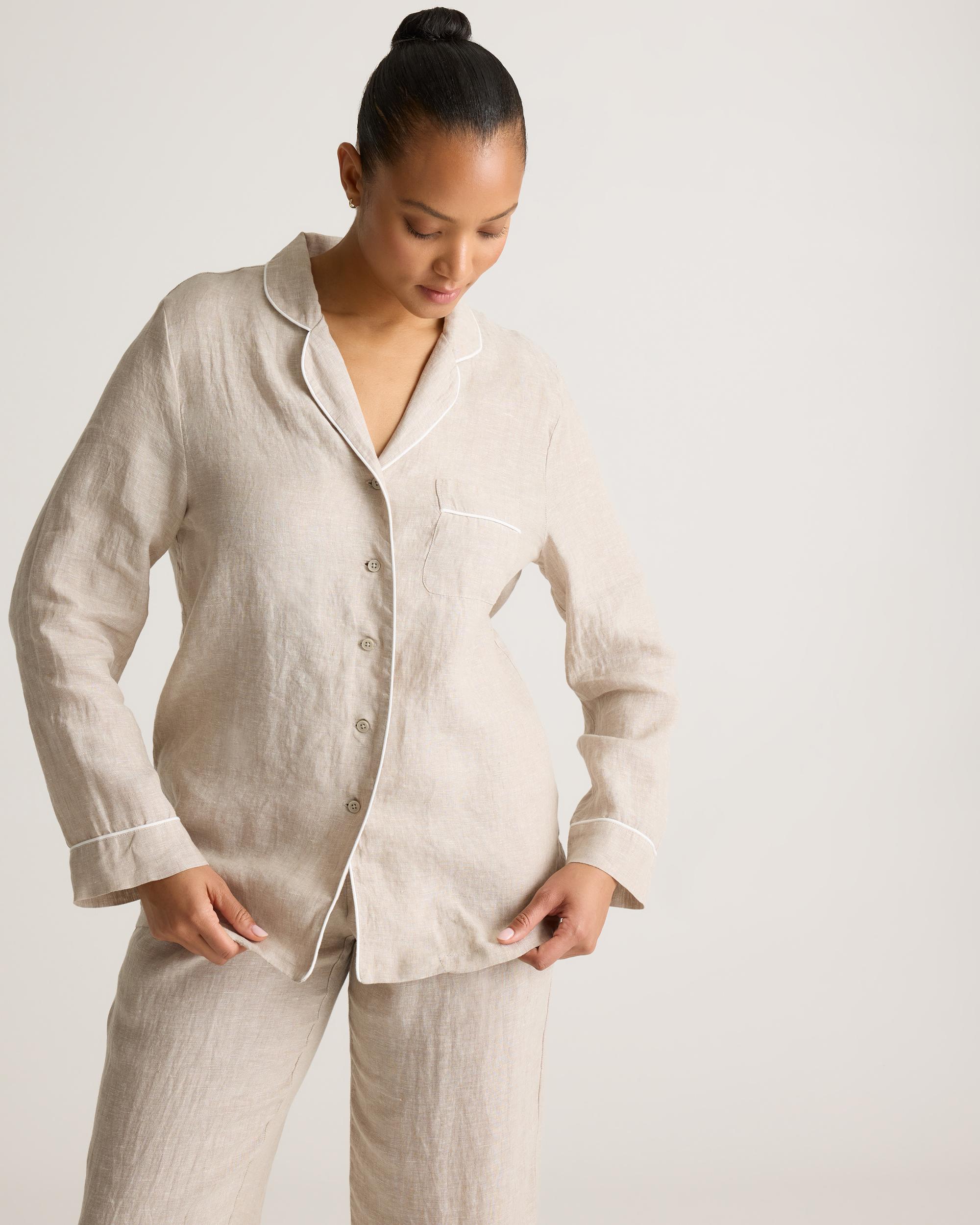 Quince | Women's 100% European Linen Long Sleeve Pajama Set with Piping Size XL Product Image