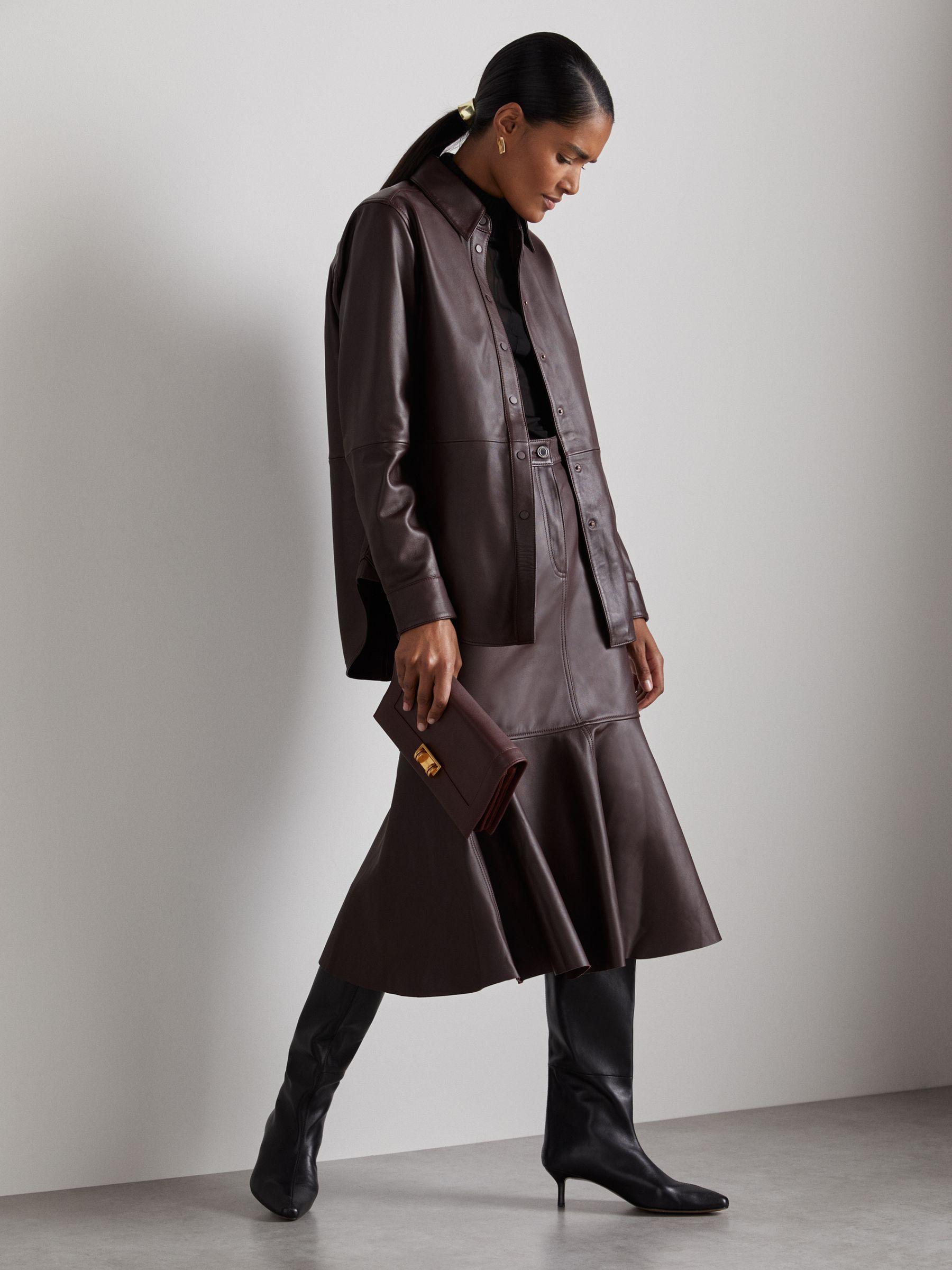 Atelier Leather Fluted Midi Skirt in Burgundy Product Image