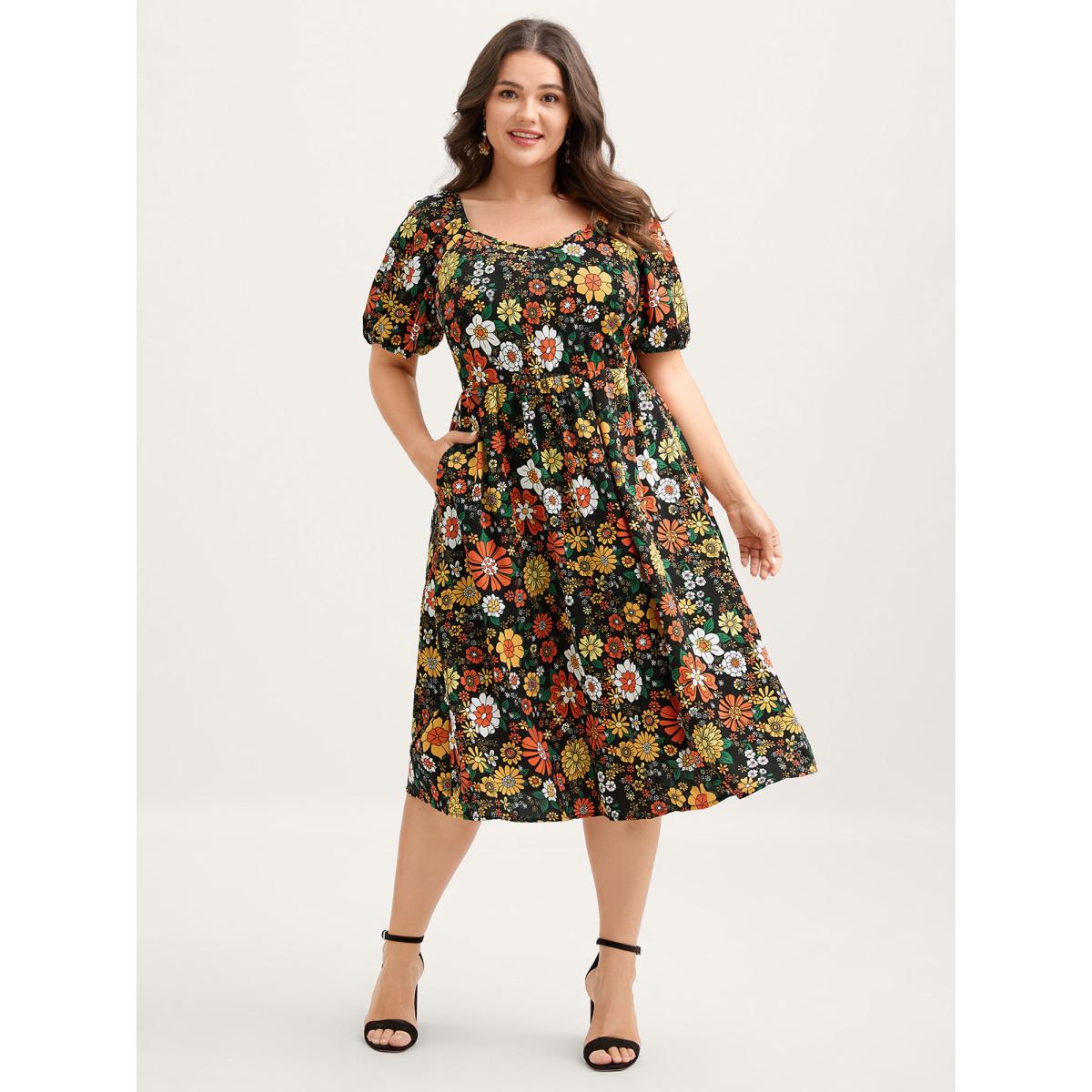 Plus Size Bright Floral Print Sweetheart Neckline Midi Dress Black Women Romantic Non V-neck Half Sleeve Curvy BloomChic 12/L Product Image