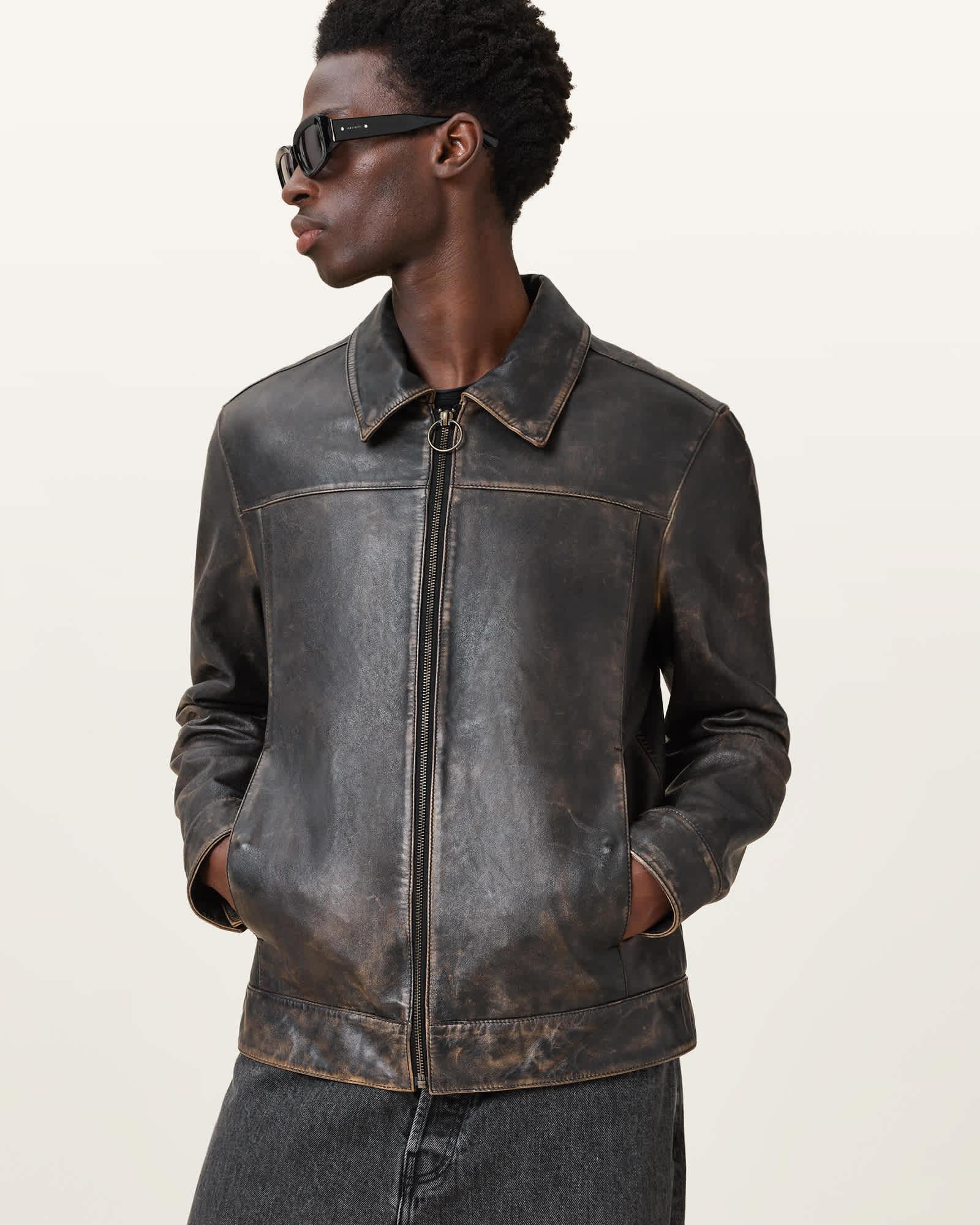 Alkan Zip Up Two Tone Leather Jacket Vintage Black | ALLSAINTS US Product Image