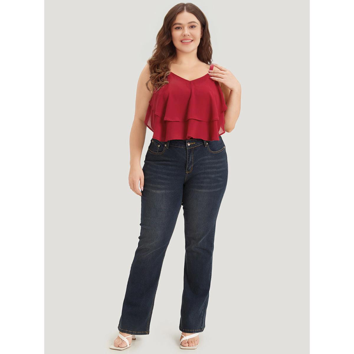 Plus Size Plain Flutter Trim Tiered Cami Bodysuit Women Red Plain Plain Bodysuits BloomChic 30/6X Product Image