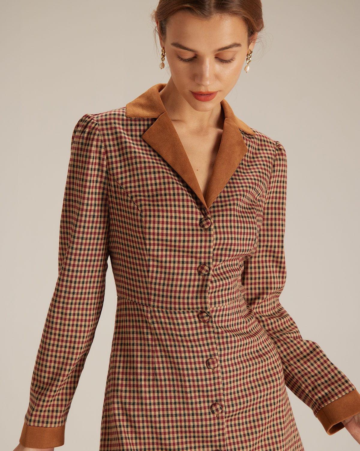 The Brown Plaid Spliced Suede Mini Dress Product Image